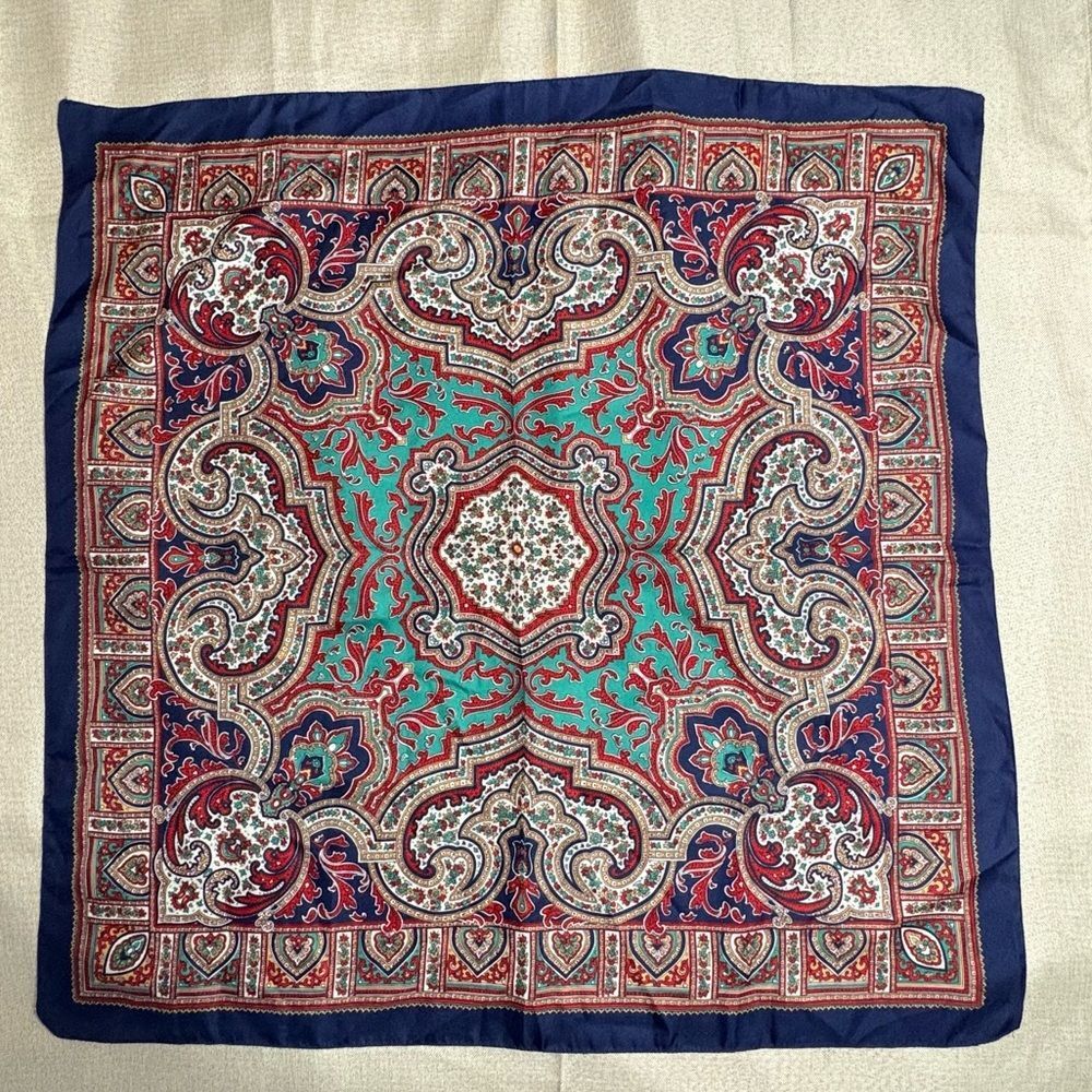 Vintage Silk Twill Paisley Scarf Navy Teal Red 30” Sq. Classic Medallion Print